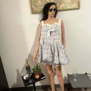 Astr White and Blue Pleated Tie Front Sundress